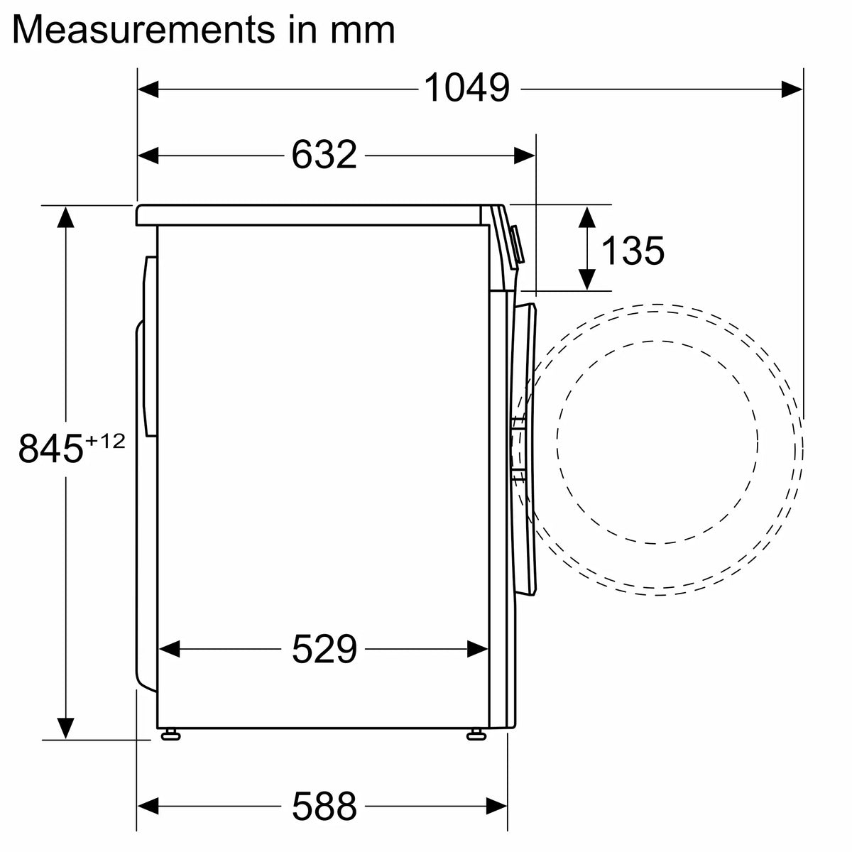 Technical drawing of Bosch Series 6 10kg washing machine WGG254F1GB washing machine with dimensions labeled in millimeters