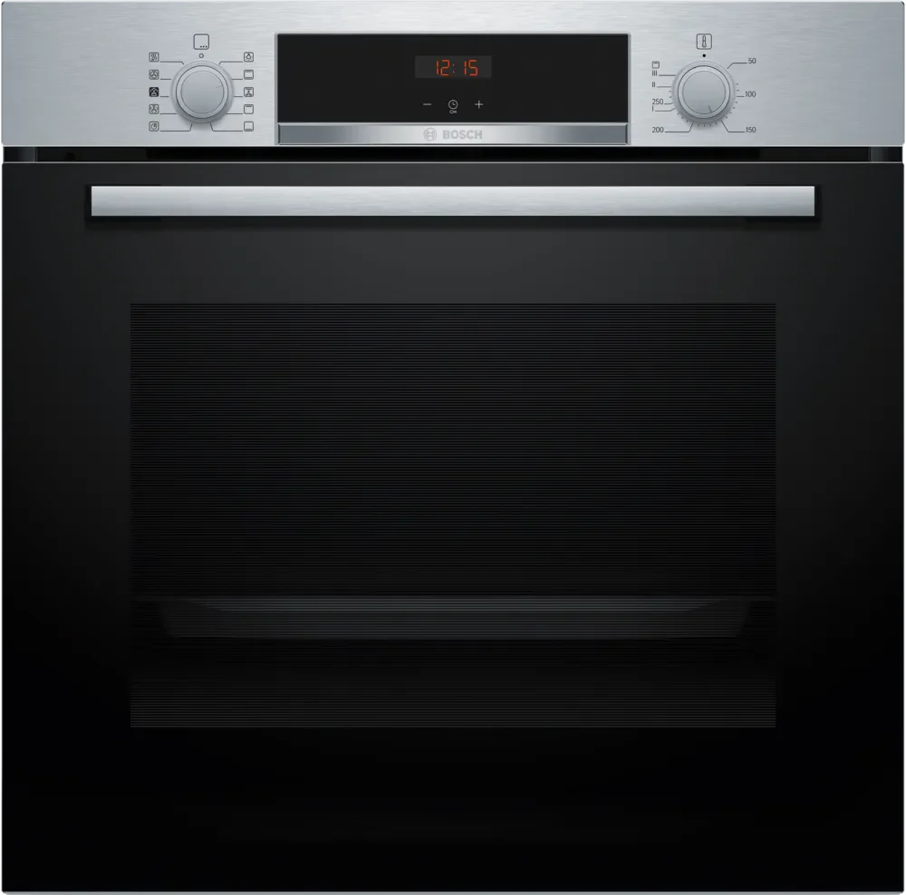 Stainless steel BOSCH oven with digital display and control knobs on a black background