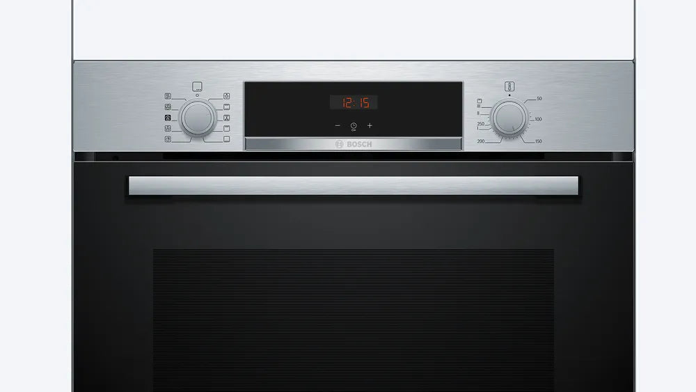 BOSCH Stainless steel oven with digital display on a white background