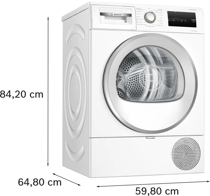 White Bosch dryer with dimensions labeled on a white background