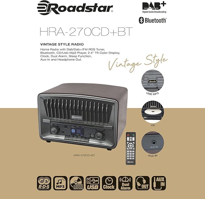 Roadstar HRA-270CD+BT Portable CD Radio Vintage | HRA-270CDBT