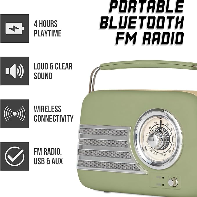 iTek AM/FM Vintage Radio With Bluetooth - Sage | I60028SAG