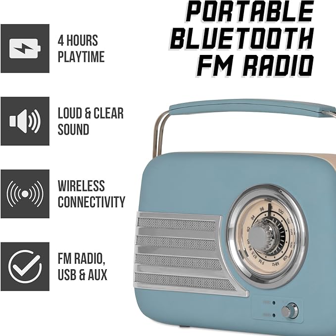 iTek AM/FM Vintage Radio With Bluetooth - Blue | I60028BLU