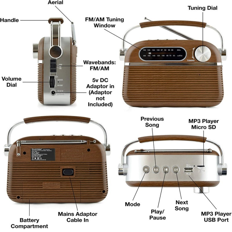 Lloytron 2 Band Vintage Rechargeable Portable Radio N6403WD