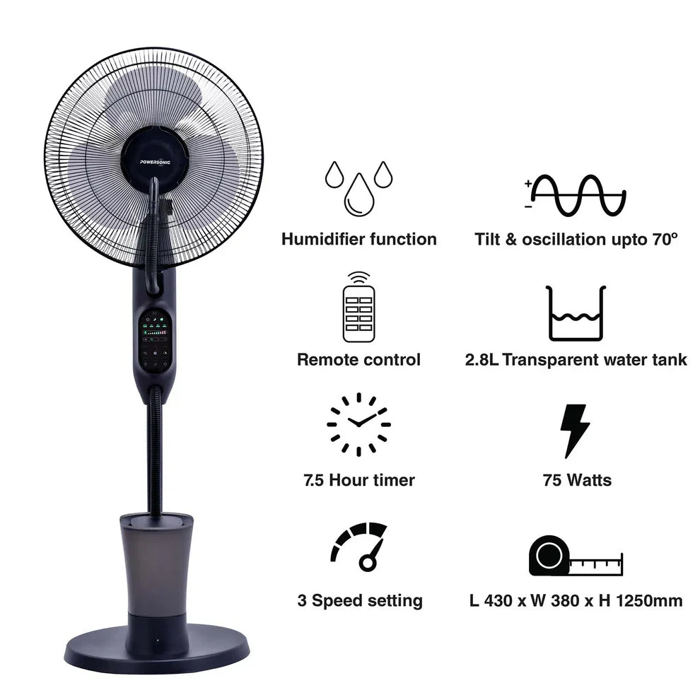 Powersonic Pedestal Oscillating Misting Fan - Black | PWRHT505