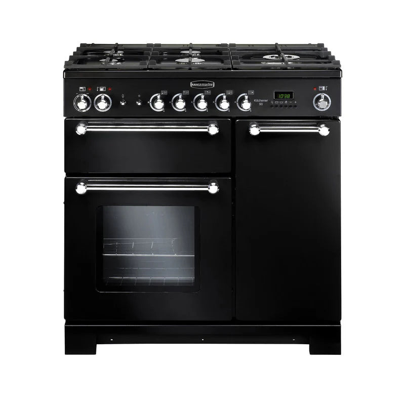 Rangemaster Kitchener 90cm Dual Fuel Range Cooker - Black & Chrome | KCH90DFFBL/C