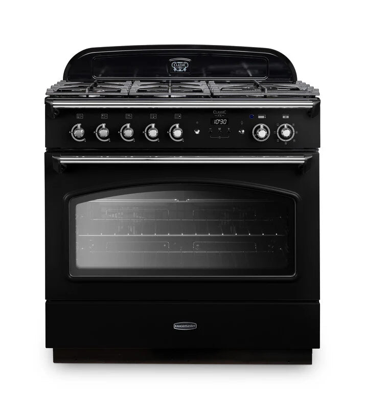 Rangemaster Classic FX 90cm Dual Fuel Range Cooker - Black & Chrome | CLAS90FXDFFBL/C