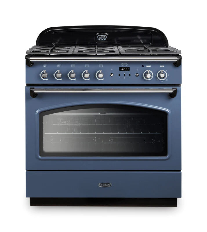 Rangemaster Classic FX 90cm Dual Fuel Range Cooker - Stone Blue & Chrome | CLAS90FXDFFSB/C