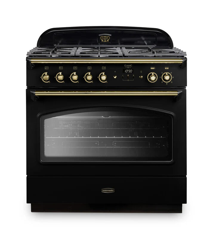 Rangemaster Classic FX 90cm Dual Fuel Range Cooker - Black & Brass | CLAS90FXDFFBL/B