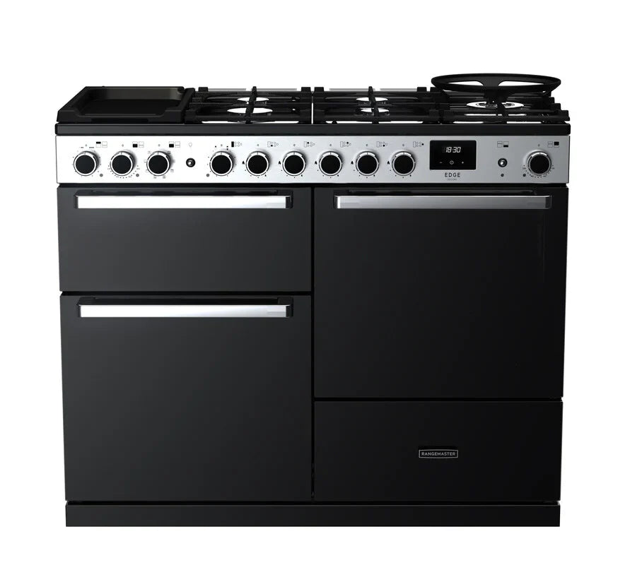 Rangemaster Edge 110cm Dual Fuel Range Cooker - Glossy Black & Chrome | EDDLO110DFGBLK/CM1