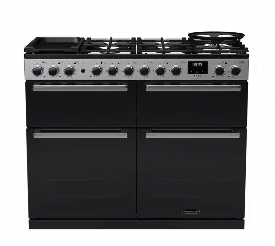 Rangemaster Edge 110cm Dual Fuel Range Cooker (Slow Cook) - Glossy Black & Chrome | EDDLB110DFGBLK/CM1
