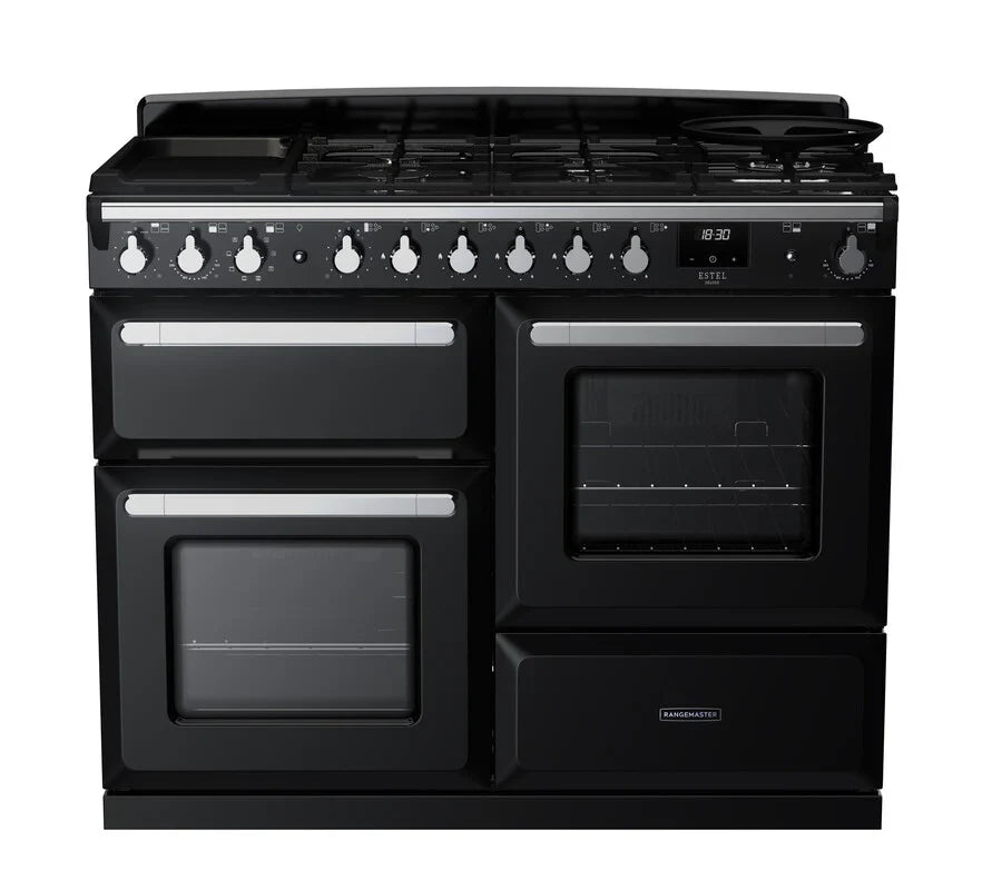 Rangemaster Estel 110cm Dual Fuel Range Cooker - Glossy Black & Chrome | ESDLO110DFPGBL/CM1