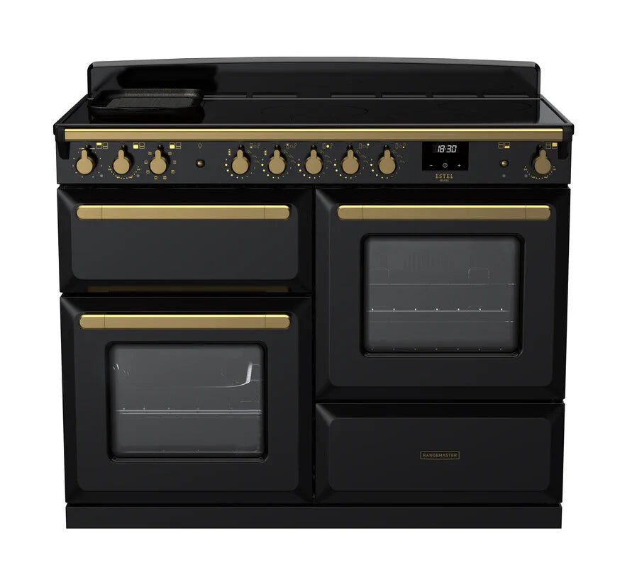 Rangemaster Estel 110cm Induction Range Cooker - Glossy Black & Brass | ESDLO110EIPGBL/AB1
