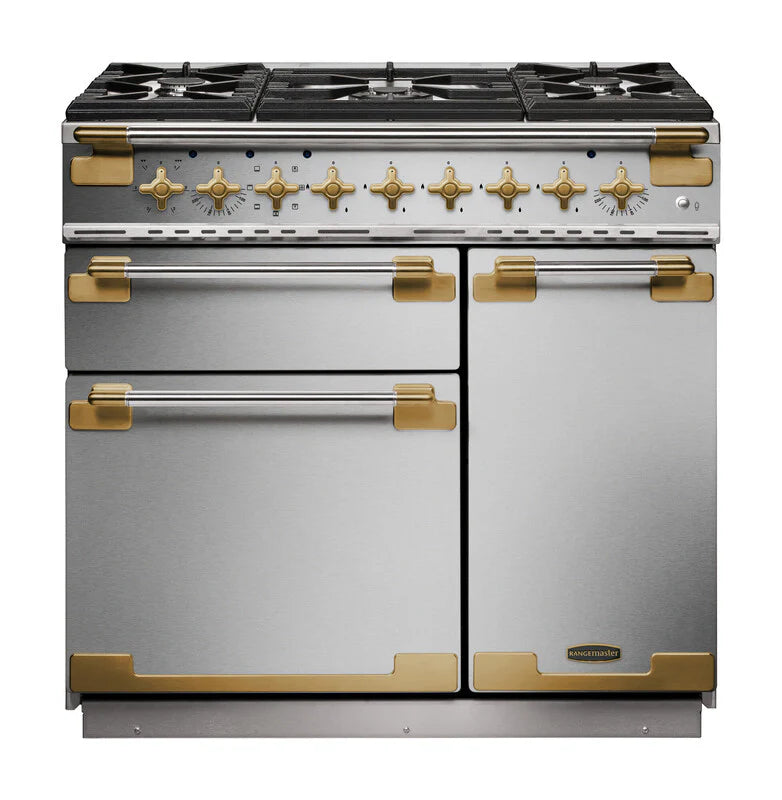 Rangemaster Elise Luxe 90cm Dual Fuel Range Cooker Black Edition - Stainless Steel & Brass | ELS90DFFSS/AB