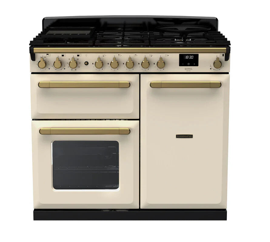 Rangemaster Estel Deluxe 100cm Dual Fuel Range Cooker - Pale Cream & Brass | ESDL100DFPPCR/AB1