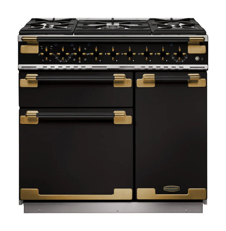Rangemaster Elise Luxe 90cm Dual Fuel Range Cooker Black Edition - Black & Brass | ELS90DFFGB/BE