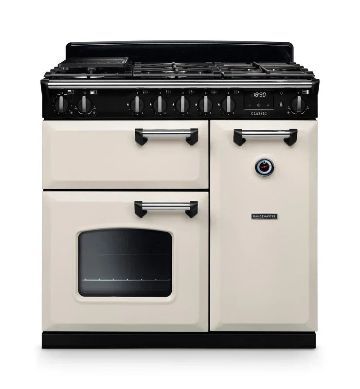 Rangemaster Classic 90cm Dual Fuel Range Cooker - Pale Cream & Chrome | CL90DFPPCR/CM1