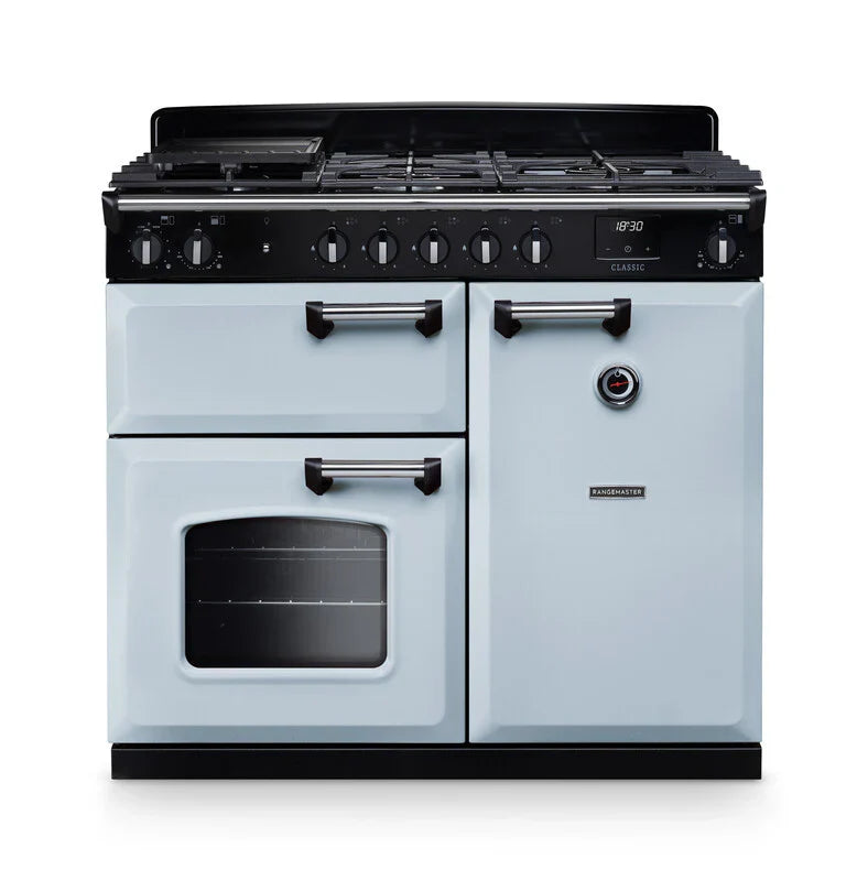 Rangemaster Classic 100cm Dual Fuel Range Cooker - Misty Blue & Chrome | CL100DFPMSB/CM1