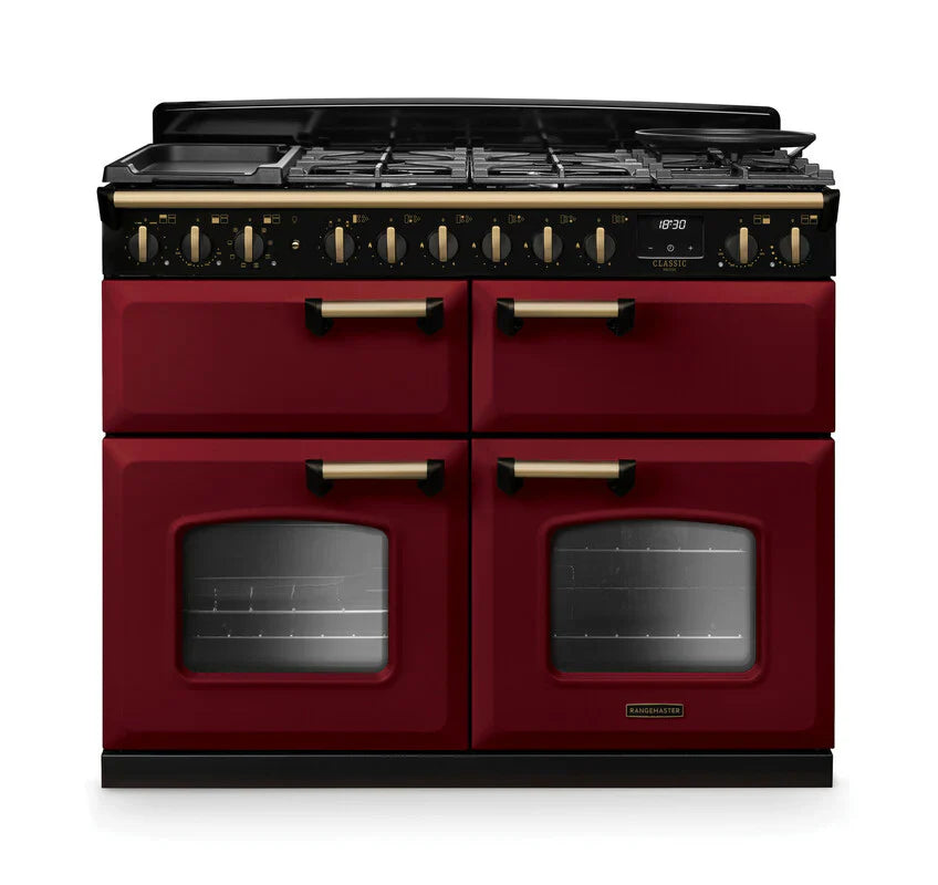 Rangemaster Classic Deluxe 110cm Dual Fuel Range Cooker (Slow Cook) - Bordeaux & Brass | CLDLB110DFPBOR/AB1