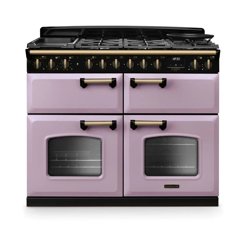 Rangemaster Classic Deluxe 110cm Dual Fuel Range Cooker (Slow Cook) - Heather & Brass | CLDLB110DFPHTH/AB1