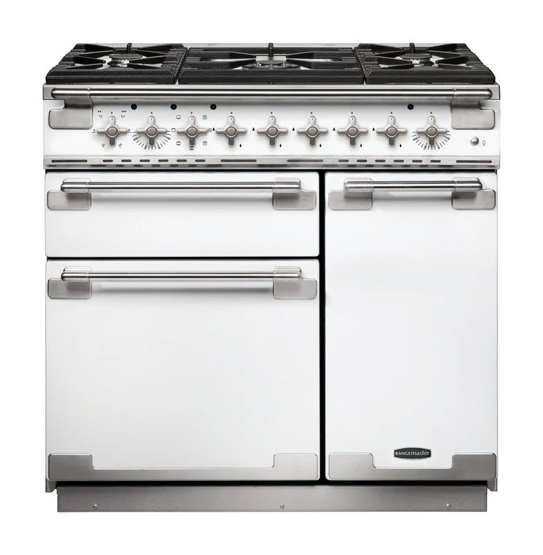 Rangemaster Elise 90cm Dual Fuel Range Cooker - White & Brushed Nickel | ELS90DFFWH/
