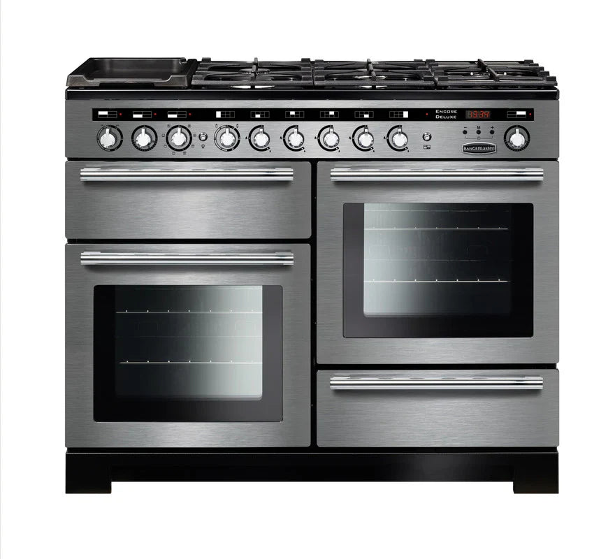 Rangemaster Encore Deluxe 110cm Dual Fuel Range Cooker - Stainless Steel & Chrome | EDL110DFFSS/C