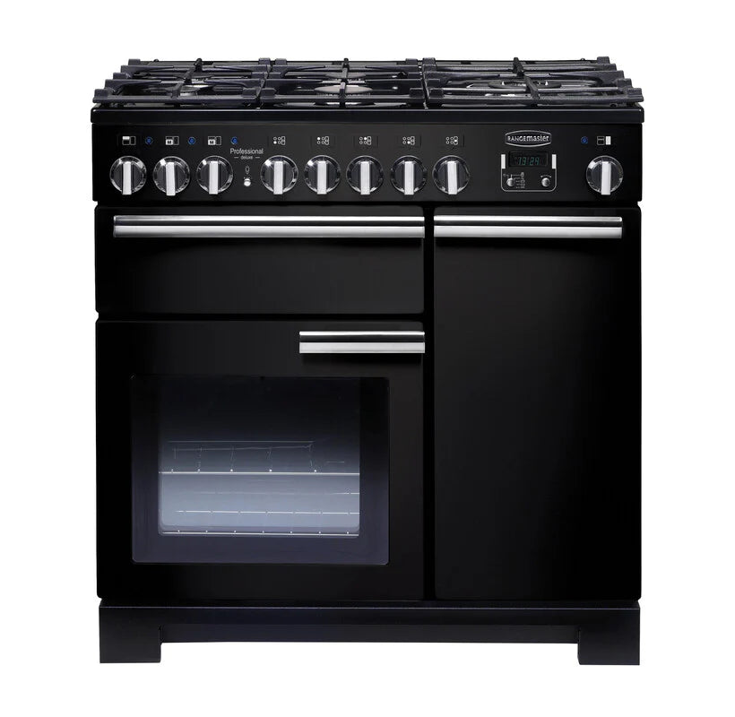 Rangemaster Professional Deluxe 90cm Dual Fuel Range Cooker - Black & Chrome | PDL90DFFGB/C