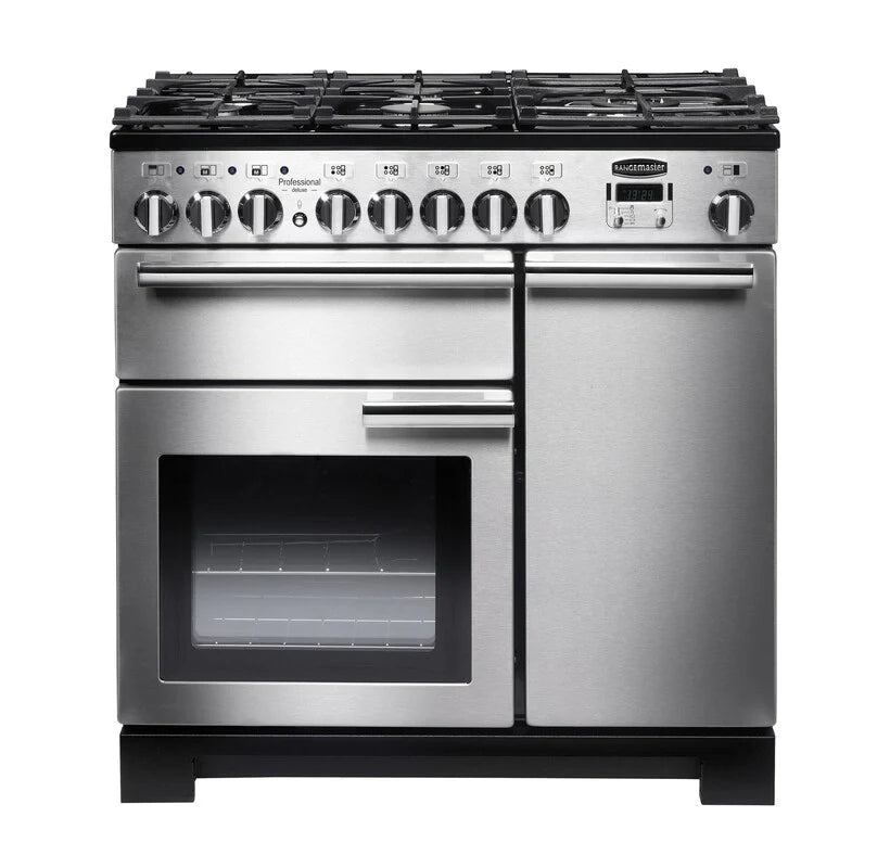 Rangemaster Professional Deluxe 90cm Dual Fuel Range Cooker - Stainless Steel & Chrome | PDL90DFFSS/C