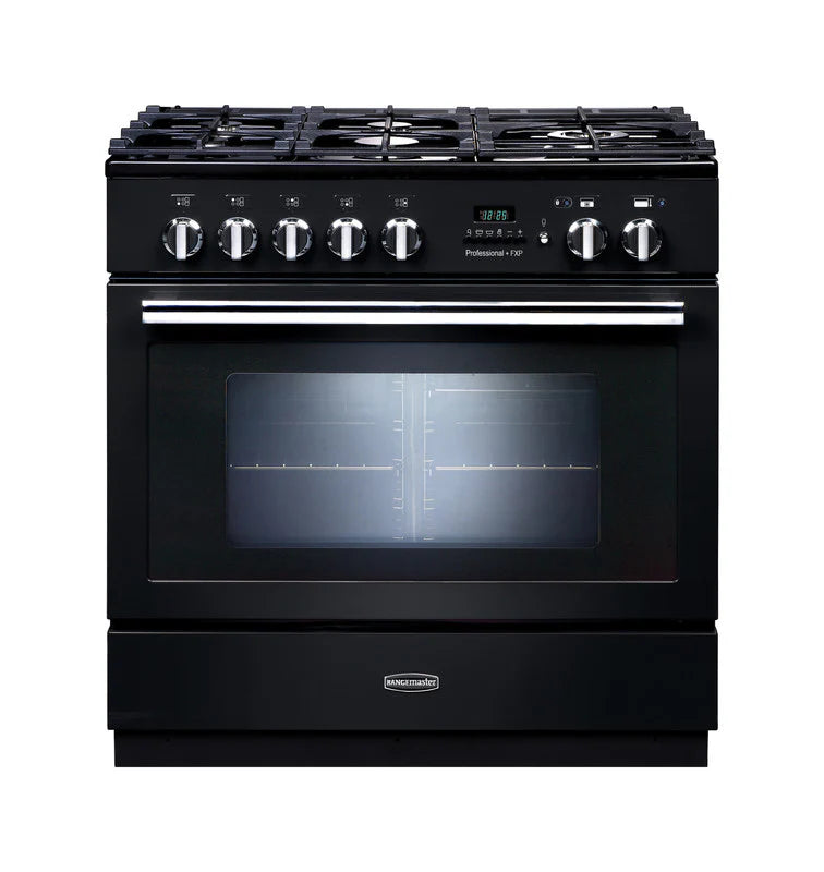 Rangemaster Professional+ FXP 90cm Dual Fuel Range Cooker - Black & Chrome | PROP90FXPDFFGB/C