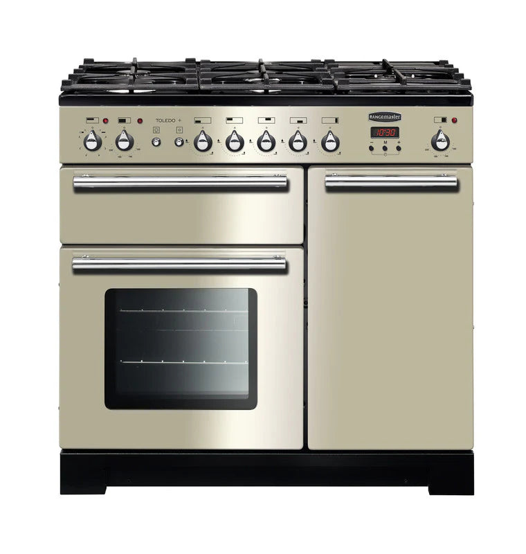 Rangemaster Toledo+ 90cm Dual Fuel Range Cooker - Ivory & Chrome | TOLP90DFFIV/C