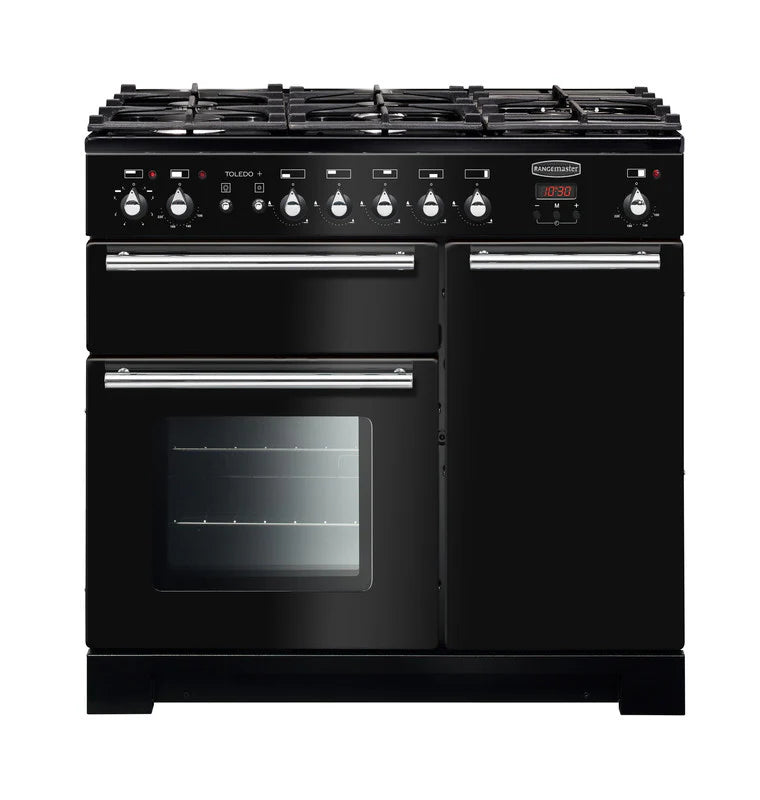 Rangemaster Toledo+ 90cm Dual Fuel Range Cooker - Black & Chrome | TOLP90DFFGB/C