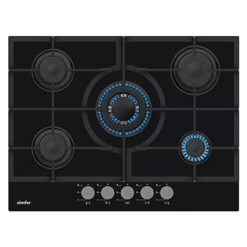 Simfer 70cm 5 Ring Gas Hob Black Glass SIMH7G