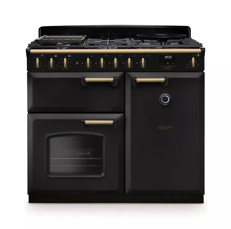 Rangemaster Classic Deluxe 100cm Dual Fuel Range Cooker - Charcoal Black & Brass | CLDL100DFPCBL/AB1