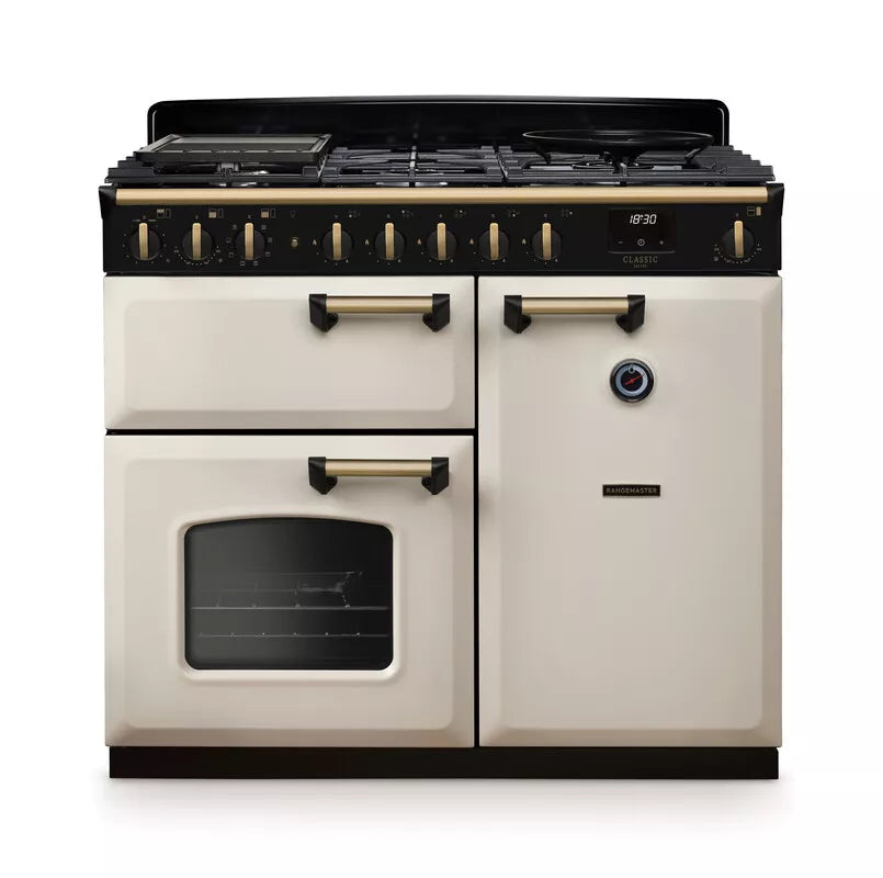 Rangemaster Classic Deluxe 100cm Dual Fuel Range Cooker - Pale Cream & Brass | CLDL100DFPPCR/AB1