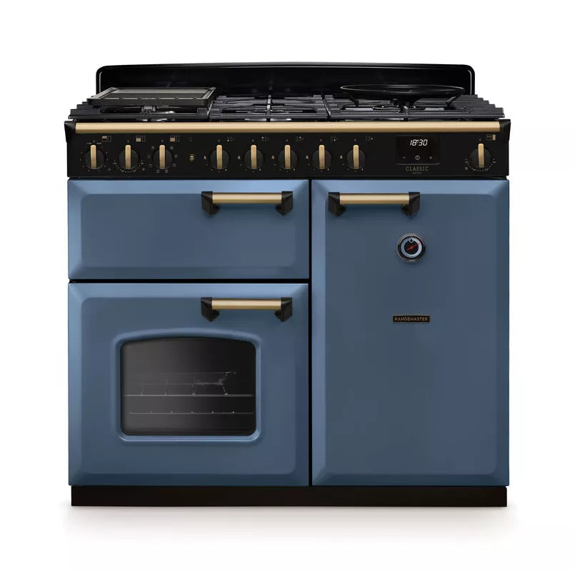 Rangemaster Classic Deluxe 100cm Dual Fuel Range Cooker - Stone Blue & Brass | CLDL100DFPSTB/AB1