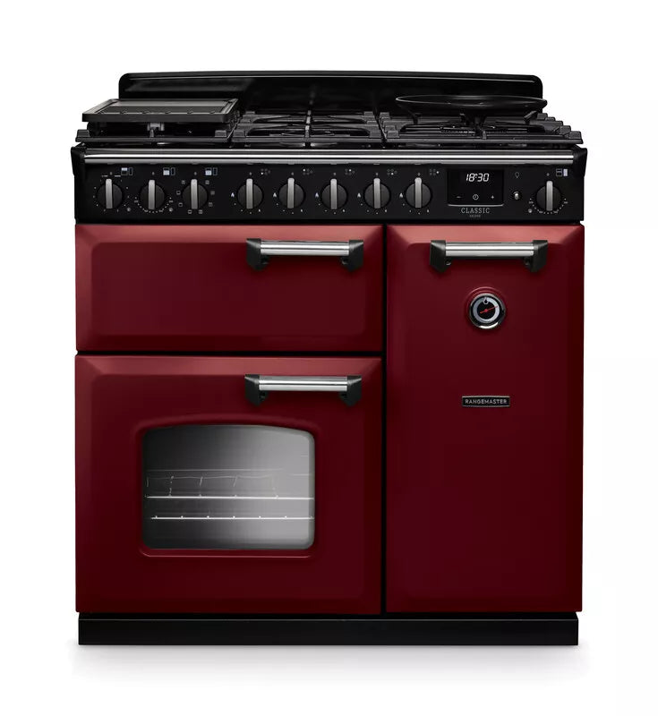 Rangemaster Classic Deluxe 90cm Dual Fuel Range Cooker - Bordeaux & Chrome | CLDL90DFPBOR/CM1