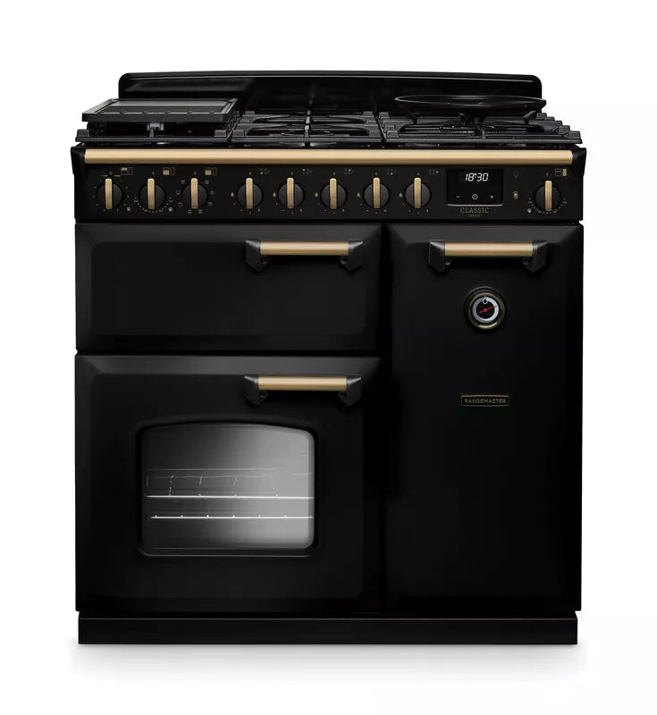 Rangemaster Classic Deluxe 90cm Dual Fuel Range Cooker - Charcoal Black & Brass | CLDL90DFPCBL/AB1