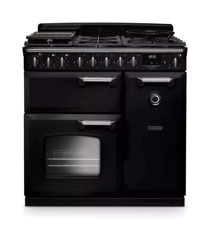 Rangemaster Classic Deluxe 90cm Dual Fuel Range Cooker - Glossy Black & Chrome | CLDL90DFPGBL/CM1