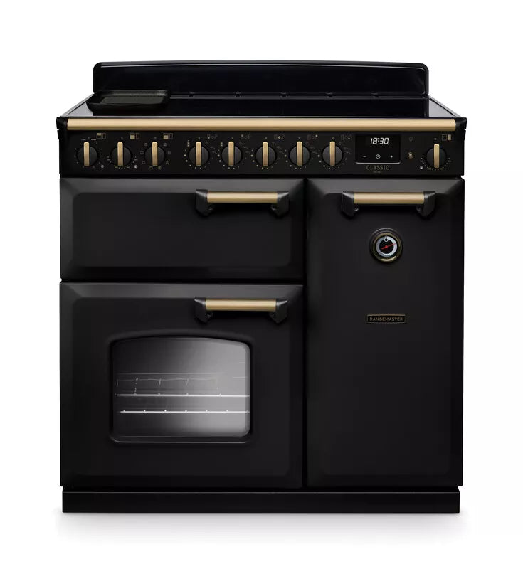 Rangemaster Classic Deluxe 90cm Induction Range Cooker - Glossy Black & Brass | CLDL100EIPGBL/AB1
