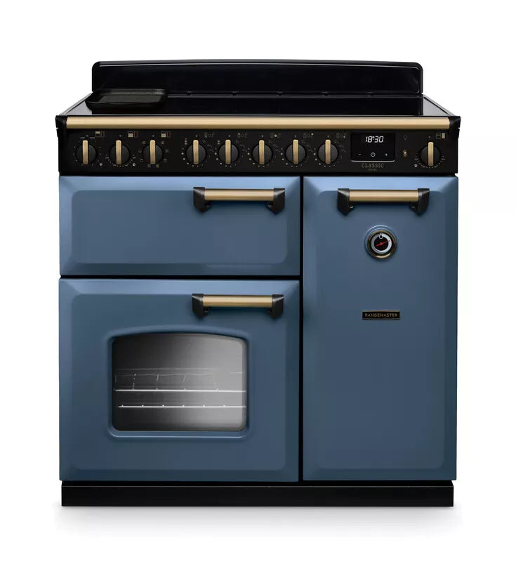 Rangemaster Classic Deluxe 90cm Induction Range Cooker - Stone Blue & Brass | CLDL100EIPSTB/AB1
