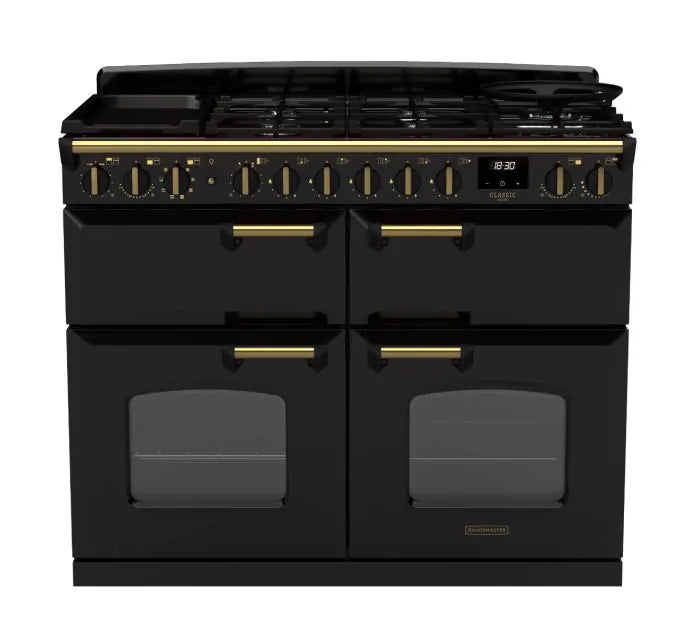 Rangemaster Classic Deluxe 110cm Dual Fuel Range Cooker (Slow Cook) - Charcoal Black & Brass | CLDLB110DFPCBL/AB1