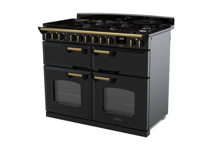 Rangemaster Classic Deluxe 110cm Dual Fuel Range Cooker (Slow Cook) - Charcoal Black & Brass | CLDLB110DFPCBL/AB1