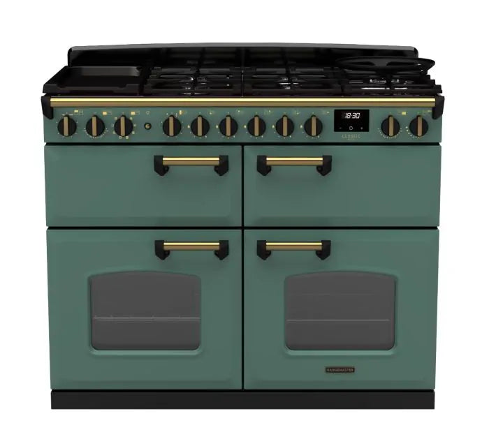 Rangemaster Classic Deluxe 110cm Dual Fuel Range Cooker (Slow Cook) - Mineral Green & Brass | CLDLB110DFPMGR/AB1