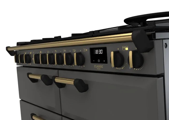 Rangemaster Classic Deluxe 110cm Dual Fuel Range Cooker (Slow Cook) - Slate & Brass | CLDLB110DFPSLT/AB1