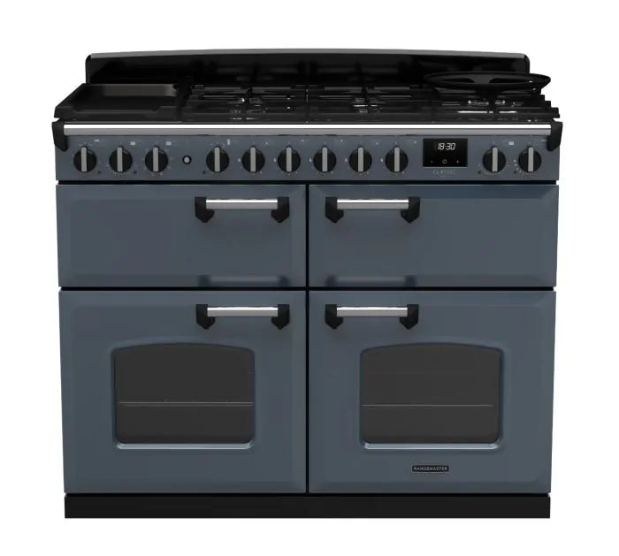 Rangemaster Classic Deluxe 110cm Dual Fuel Range Cooker (Slow Cook) - Slate & Chrome | CLDLB110DFPSLT/CM1