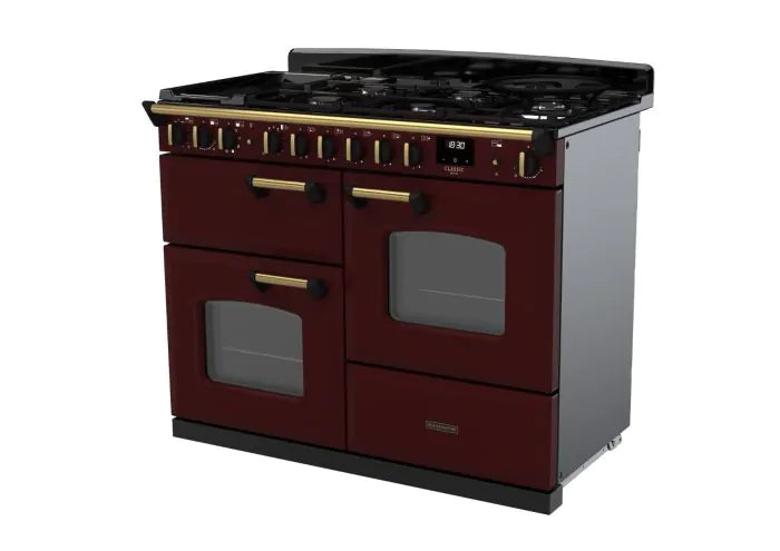 Rangemaster Classic Deluxe 110cm Dual Fuel Range Cooker - Bordeaux & Brass | CLDLO110DFPBOR/AB1