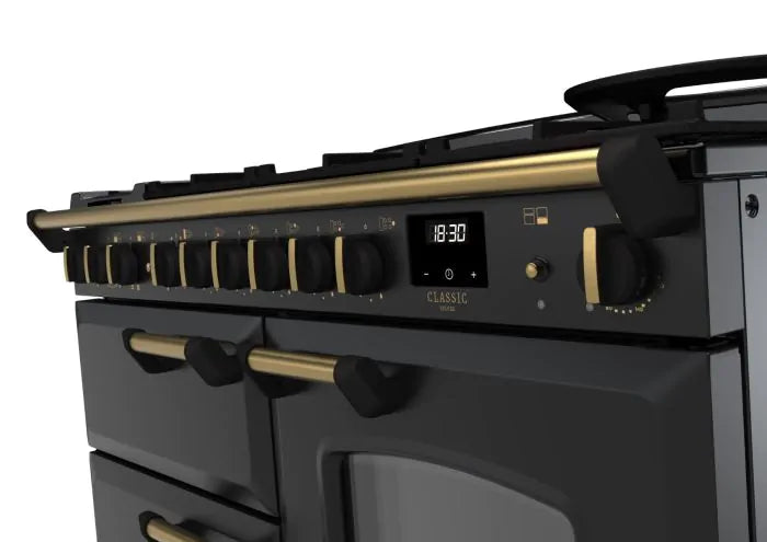 Rangemaster Classic Deluxe 110cm Dual Fuel Range Cooker - Charcoal Black & Brass | CLDLO110DFPCBL/AB1