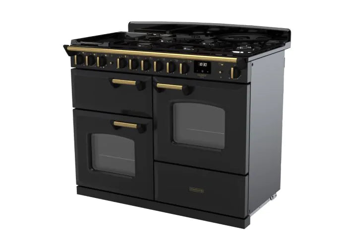 Rangemaster Classic Deluxe 110cm Dual Fuel Range Cooker - Charcoal Black & Brass | CLDLO110DFPCBL/AB1