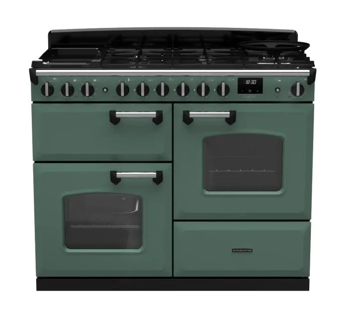 Rangemaster Classic Deluxe 110cm Dual Fuel Range Cooker - Mineral Green & Chrome | CLDLO110DFPMGR/CM1