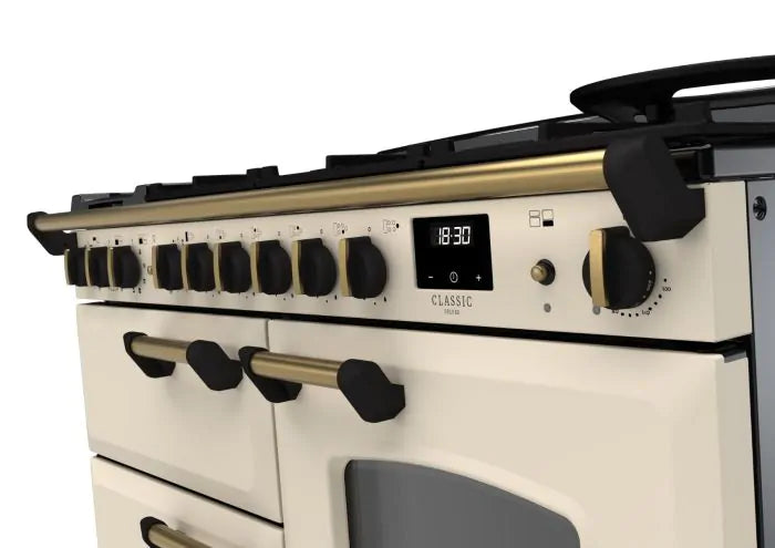 Rangemaster Classic Deluxe 110cm Dual Fuel Range Cooker - Pale Cream & Brass | CLDLO110DFPPCR/AB1